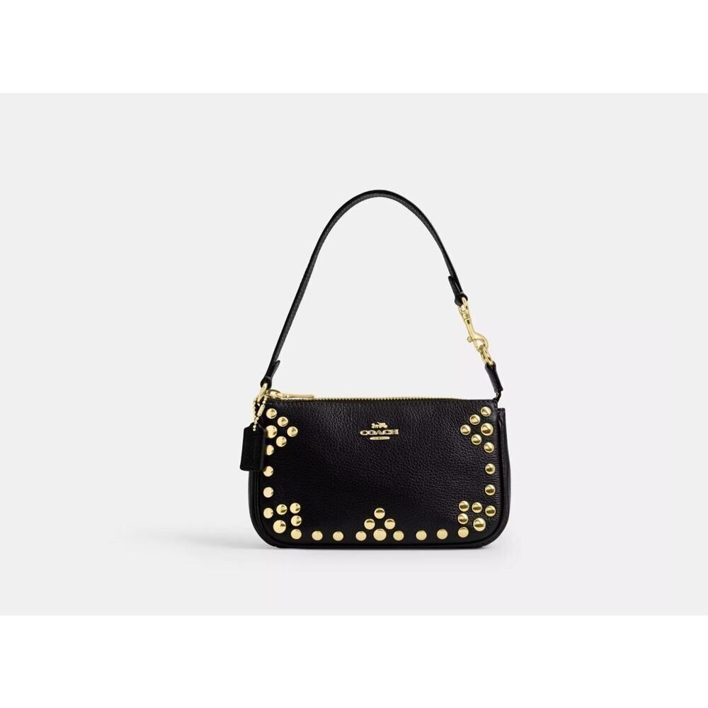 Coach Black Leather Studded Shoulder Bag with Gold Accents - Picture 3 of 9